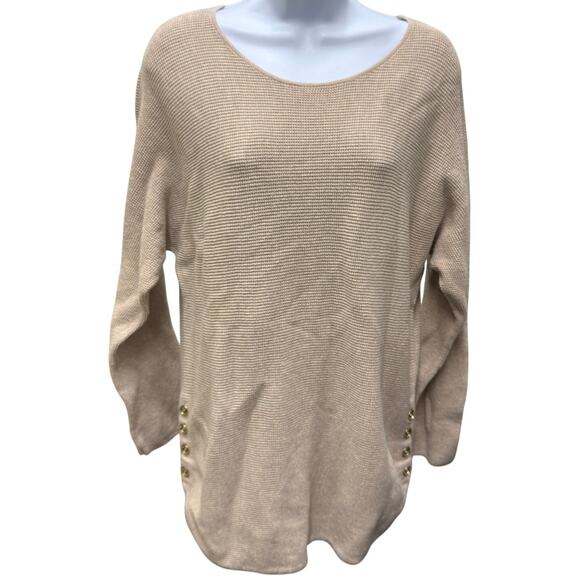 Michael Kors Womens SZ L Beige Long Sleeve Crew Neck Pullover Sweater Top Cotton - Picture 1 of 7